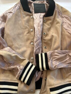 AllSaints Pink Suede & Satin Bomber Jacket with Black & White Trim
